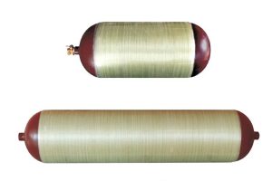 2 pc high pressure hoop wrapped cylinder are in horizontal position. Purple neck color, glass fibre around the hoop